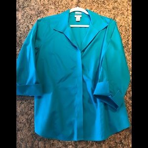 Chico’s no-iron, fitted, hidden button, top